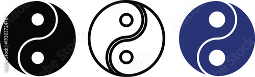 Three yin yang symbols in black white and blue