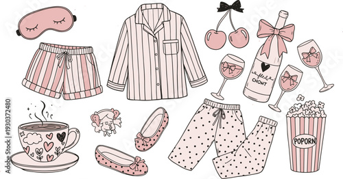Flat vector illustration of cozy sleepover essentials, pajamas, wine glasses, popcorn, slippers, tea cup, self-care relaxation night design