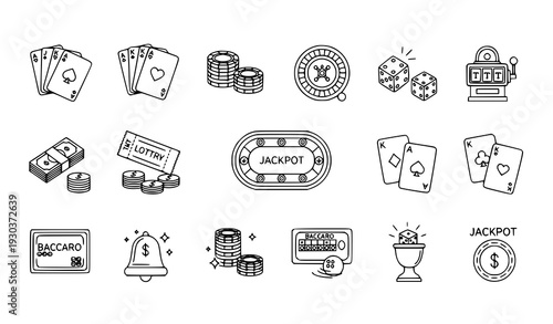 Minimal Casino and Gambling Line Art Vector Icon Set with Playing Cards Roulette Chips Money and Slot Symbols
