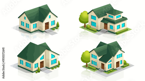 Set of isometric modern suburban family houses with green roofs and blue windows on white background, concept for real estate marketing, architectural visualization and urban planning