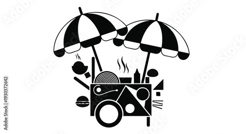 Whimsical food cart with umbrellas and steaming dishes, offering a delightful street food experience.