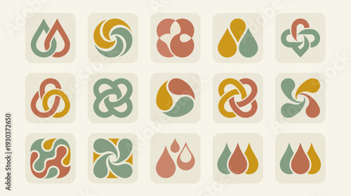 Collection of minimalist organic logo icons with abstract geometric teardrop and swirl shapes in earthy muted colors, concept for brand identity, corporate marketing and graphic design