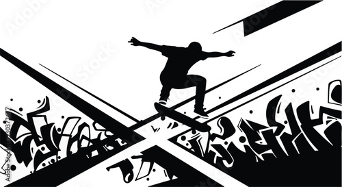 Dynamic silhouette of a skateboarder performing a trick against a graffiti-inspired urban background.