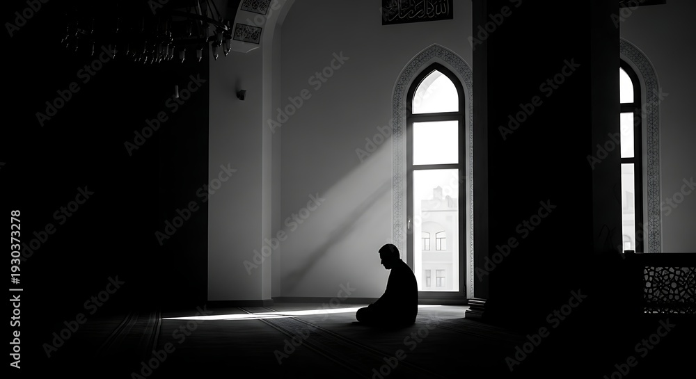 Fototapeta premium Silhouetted Man Sitting in Dark Room with Arched Windows