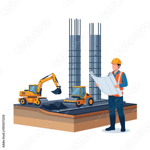 Construction Site Scene with Workers and Heavy Machinery, Blueprints, and Building Pillars