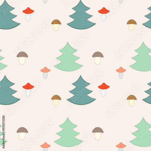 Seamless childish pattern hand-stitched applique teal fir trees, red fly agaric 