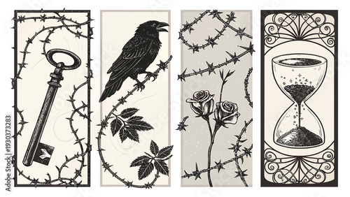 Vintage barbed wire illustrations of key crow rose and hourglass in black