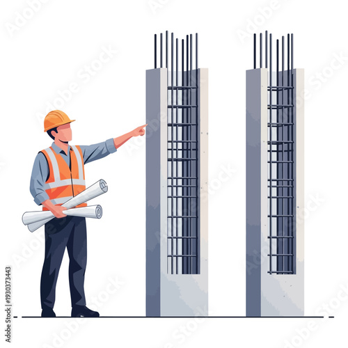 Construction professional pointing at reinforced concrete columns, highlighting engineering and building progress