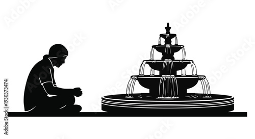 Silhouette of a person sitting thoughtfully beside a tiered fountain with flowing water