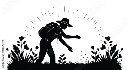 Gardener sowing seeds in a vibrant field, fostering growth under bright sunlight.