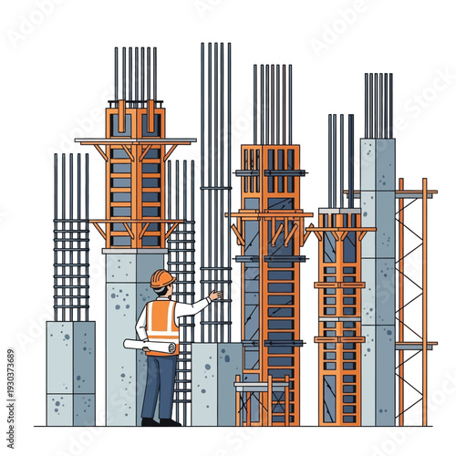 Minimalist illustration of a civil engineer inspecting rebar and formwork during concrete column construction, showcasing foundational urban development on a modern building site