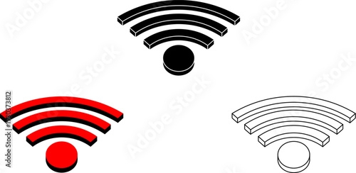 Set of 3D isometric Wi-Fi signal icons in black, red, and outline style for connection design