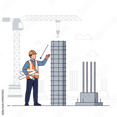 Experienced Engineer Supervising Reinforced Concrete Column Construction with Crane on Building Site, Illustrating Modern Architectural Development and Structural Engineering Project Management