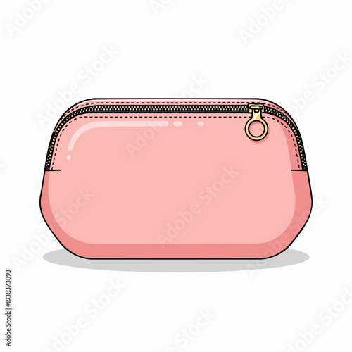 Pink cosmetic bag illustration with black zipper; Stylish accessory for makeup and personal care; A fashionable pouch for travel and everyday use