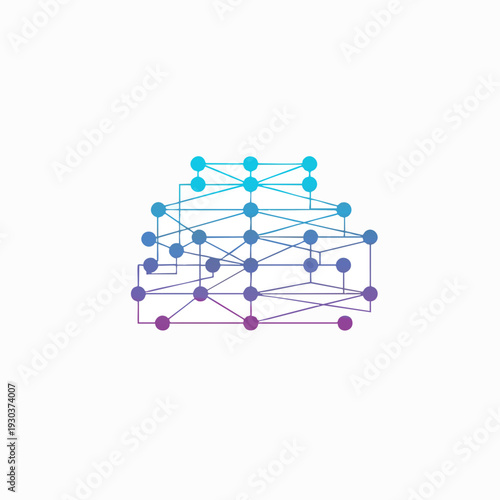 Network graph displaying connected nodes digital network structure data visualization in blue and purple gradient on white backdrop