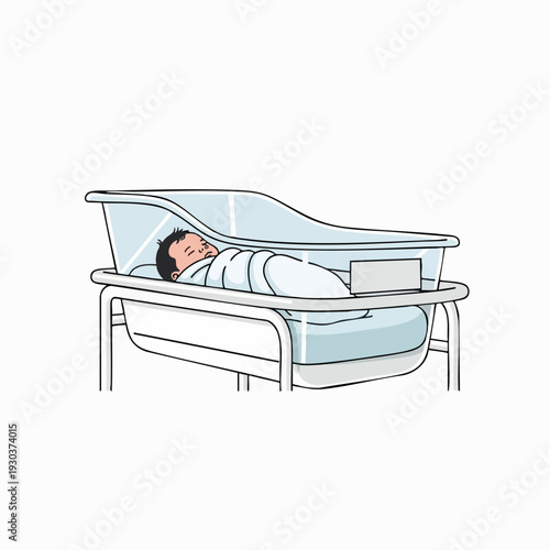 Newborn baby sleeping peacefully in hospital bassinet cartoon style illustration healthcare concept for pediatric medical care white; blue tones