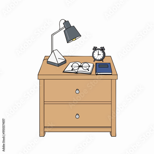 Nightstand illustration with lamp book glasses and alarm clock creating a cozy bedtime scene with a flat design style