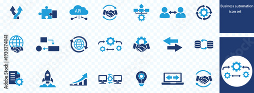 Business automation icon set. Containing strategy, efficiency, process, integration, productivity, analysis, revenue and more. Solid vector icon