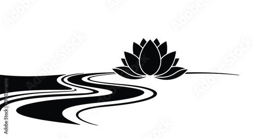 Serene black and white illustration of a lotus flower blooming on a flowing river.