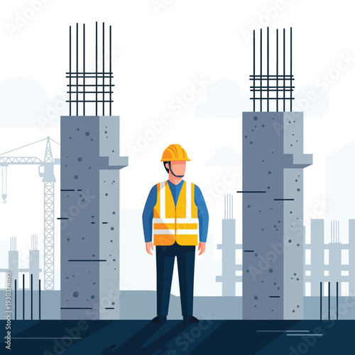 Flat illustration of a construction worker in safety gear between rebar concrete pillars on a building site, symbolizing urban development, progress, and workplace safety