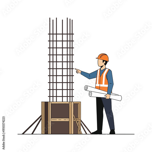Construction worker in hard hat and safety vest reviewing blueprints next to rebar cage for concrete column