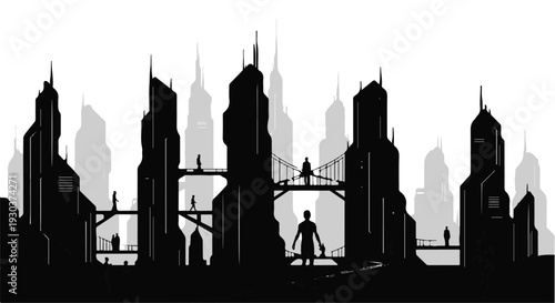 Futuristic cityscape silhouette with solitary figures crossing bridges, evoking a sense of wonder and isolation.