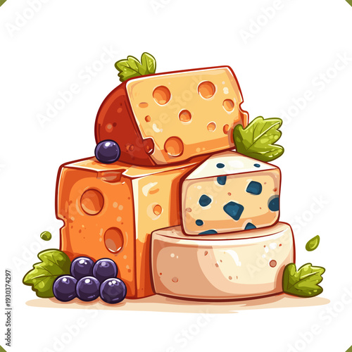 Vector illustration of assorted cheese wedges with blue cheese and grapes, isolated on a white background