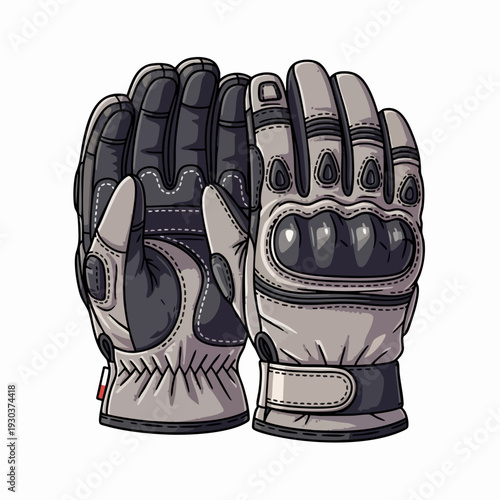 Pair of grey motorcycle gloves with protective padding vector illustration in cartoon style equipment for motorcyclists safety gear
