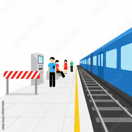 People waiting at a subway station platform with a blue train yellow safety line and automated ticket machine in a cartoon style