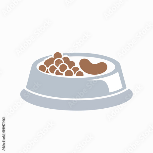 Pet bowl filled with kibble and meat illustration in vector; dog or cat food in gray dish isolated on white background for animal care themes