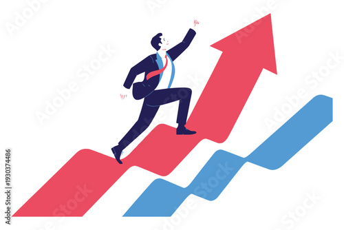 Businessman running up rising red arrow graph for financial success and corporate growth achievement concept on transparent background layer
