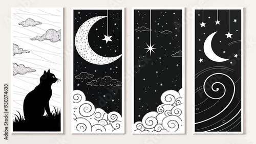 Black and white cat looking up at night sky with moon and stars in four panel vector illustration