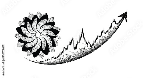 Abstract floral spiral transforms into a rising, dynamic graph with an upward arrow.