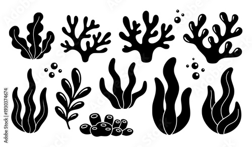 Cute Cartoon Seaweed and Coral Black Silhouette Set Marine Doodle Floral Elements Isolated on White