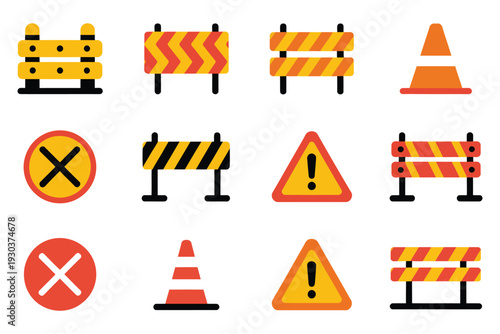 Collection of construction warning signs traffic barriers and safety cones for road works isolated vector set