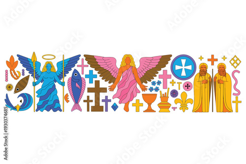 Collection of religious symbols, angels, cross, fish, chalice, men, stylized figures and emblems on transparent background