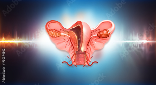Detailed 3D anatomical model of the human uterus, fallopian tubes, and ovaries presented on a professional abstract medical background.