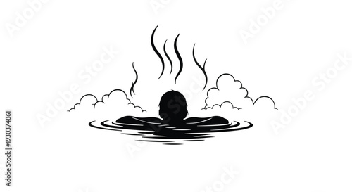 Silhouette of a person relaxing in steaming hot springs surrounded by misty clouds.