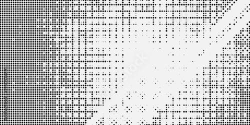 Grunge halftone gradient background. Faded grit noise texture. White and black sand wallpaper. Retro pixelated backdrop. Anime or manga style comic overlay. Vector graphic design textured template