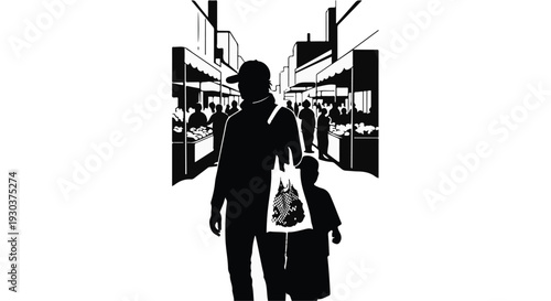 Parent and child walking through a bustling outdoor market, enjoying a day of shopping.