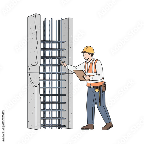 Civil engineer inspecting reinforced concrete column construction with rebar and checklist
