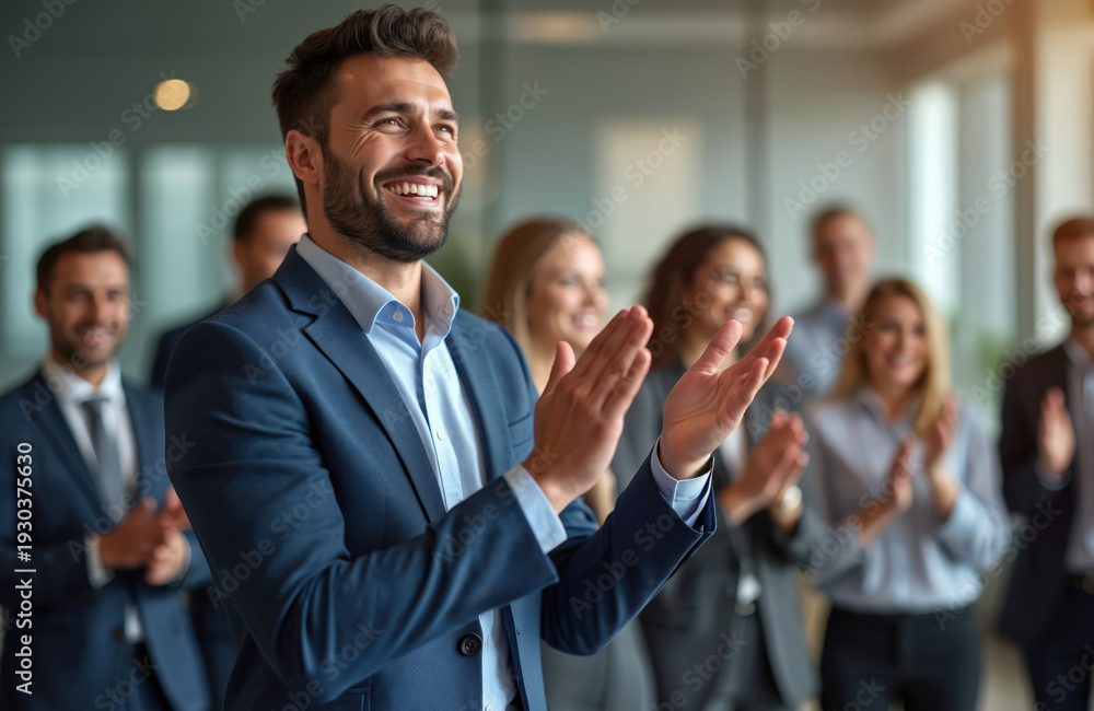 Obraz premium Business team applauds successful colleague. Man in suit smiles widely, receiving praise from diverse coworkers in modern office. Career growth success. Job well done.