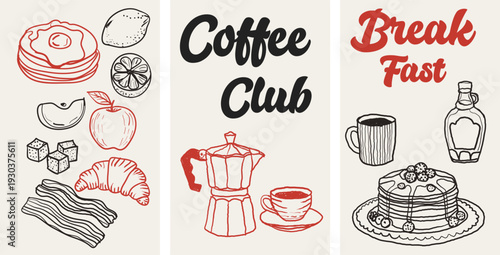 Doodle vector breakfast food and drinks posters coffee club morning illustrations