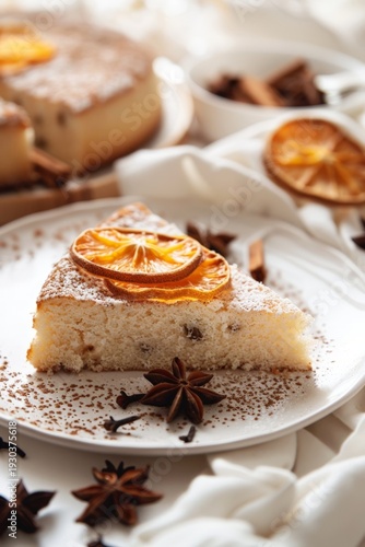 Wallpaper Mural A slice of cake with orange slices on top of it. The cake is on a white plate and is surrounded by cinnamon and orange slices Torontodigital.ca