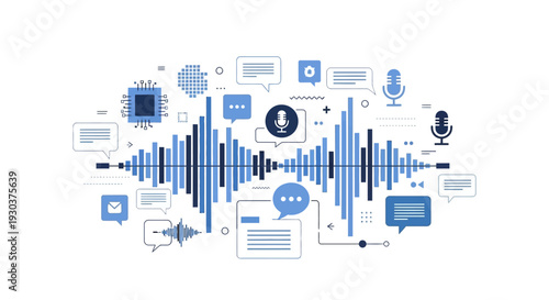AI Technology Advancements Visualizing Sound Waves, Communication, and Digital Data Streams in a Modern Tech Concept Illustration