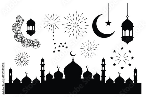 Islamic celebration elements silhouette fireworks crescent moon mosque lanterns stars vector graphic design set