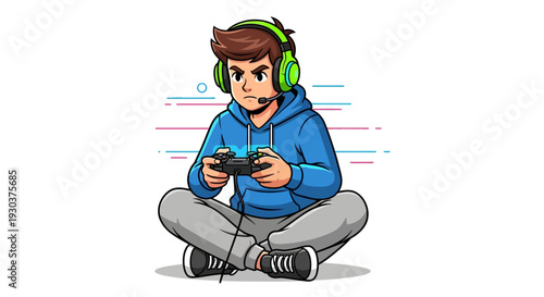 Vector illustration of a man wearing headphones playing video games isolated on White Background