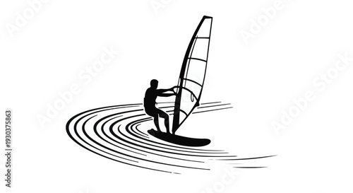 Silhouette of a person windsurfing on water with swirling waves