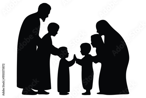 Islamic family silhouette in traditional attire greeting each other outdoor eid celebration vector illustration