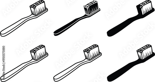 Six toothbrushes in various orientations